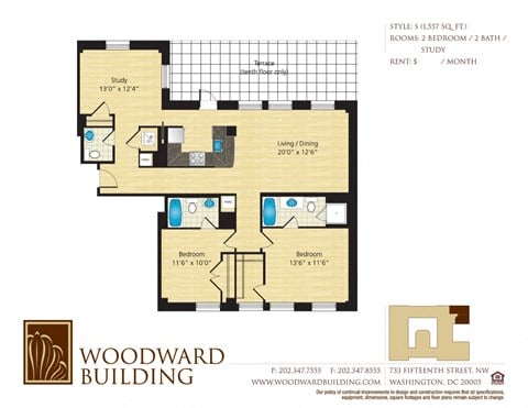 Floor plan for 3 beds, 2 baths, 1557 sqft